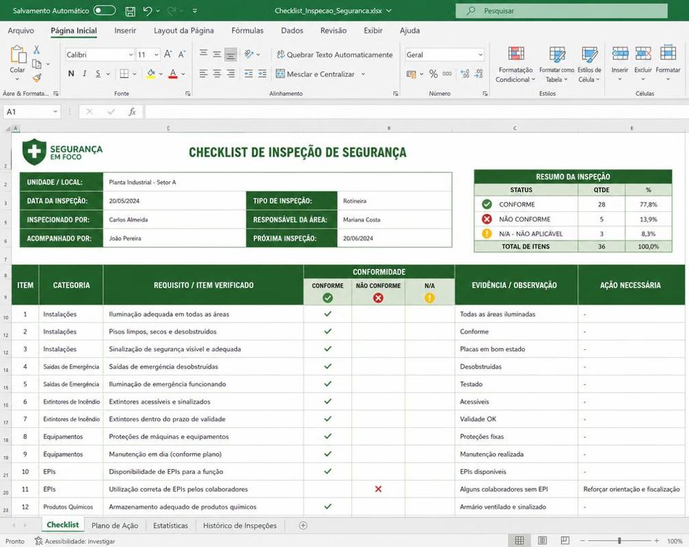 Amostra de checklist de inspeção de segurança em Excel