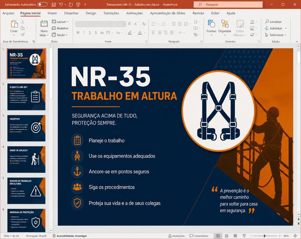 Amostra de slide de treinamento da NR 35 em PowerPoint