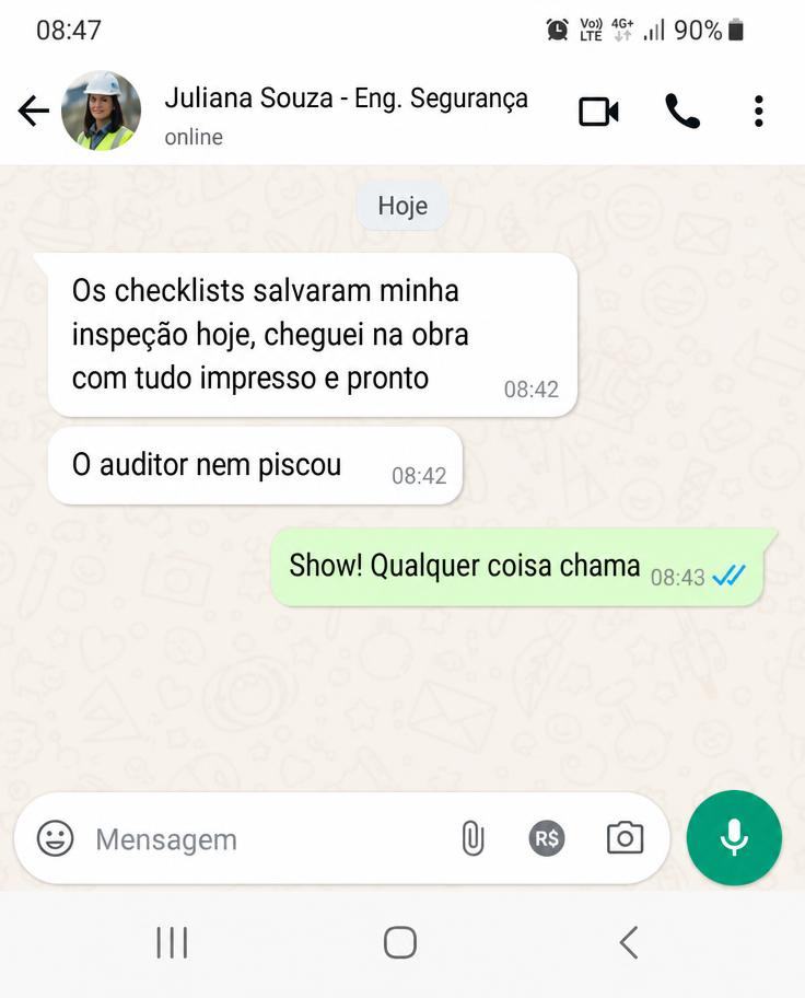 Print de WhatsApp: engenheira elogiando os checklists de inspeção