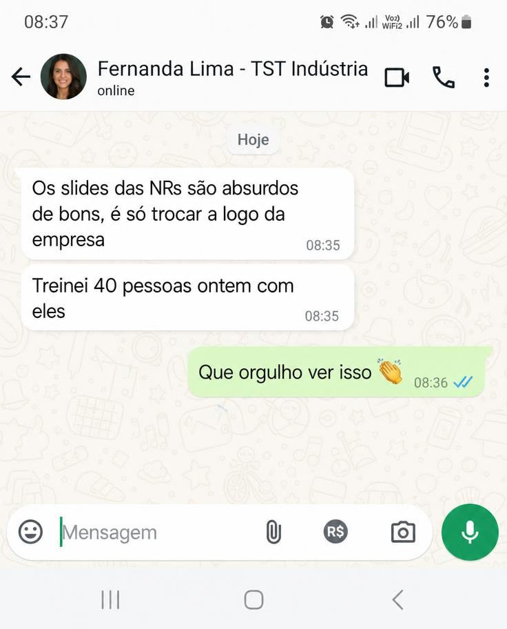Print de WhatsApp: técnico elogiando os slides das NRs editáveis